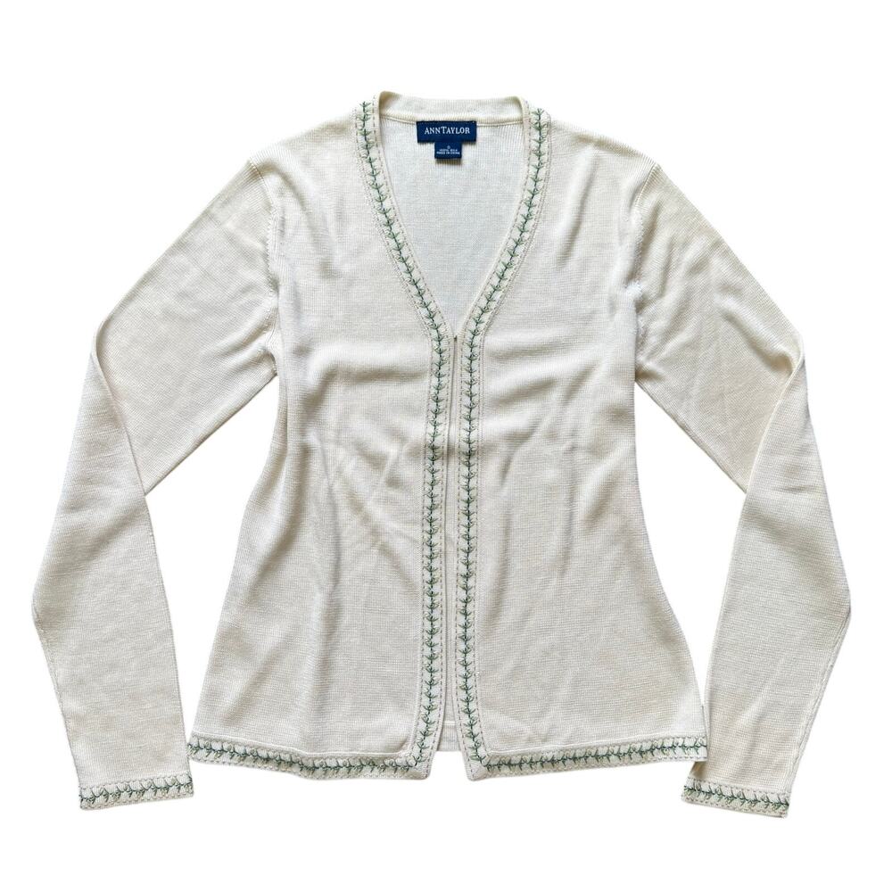 Ann Taylor 100% Silk Cardigan Embroidered Trim Size Small